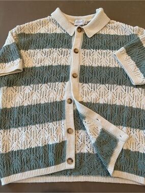 Topman Cream and Sage Striped Open-Knit Polo Cardigan